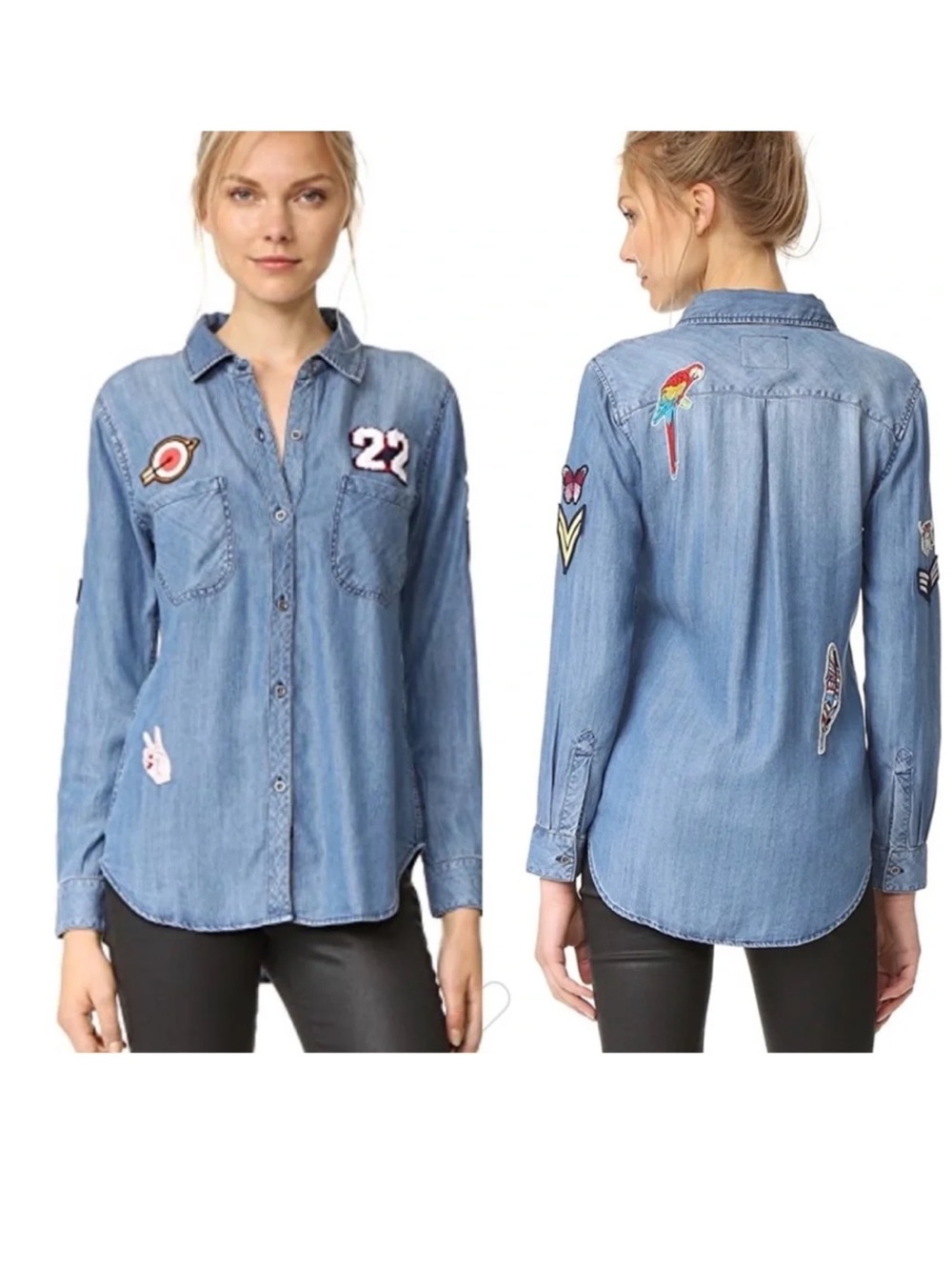 Rails Lightweight Carter Denim Patch Embellished Chambray Button Down Shirt Med